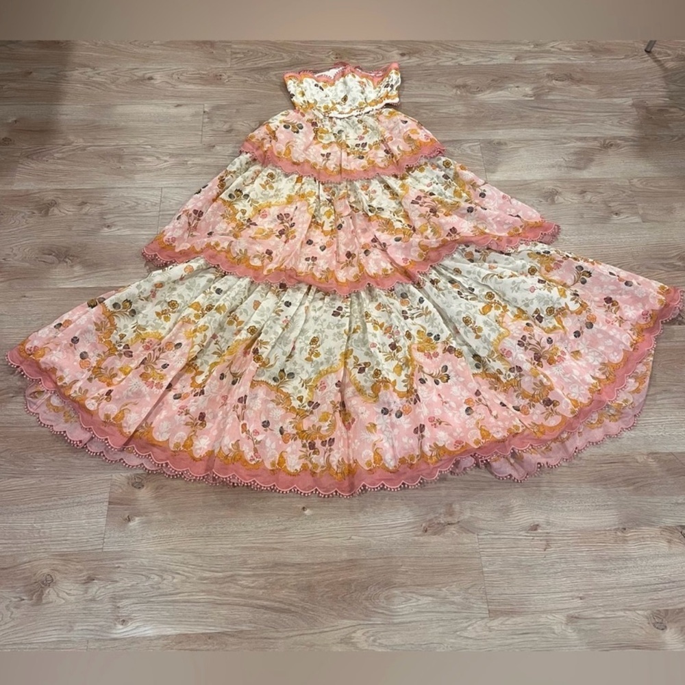 RARE  Zimmermann Laurel Lace Up Floral Pink Frill Maxi  Dress Size AU3/L - Picture 3 of 12